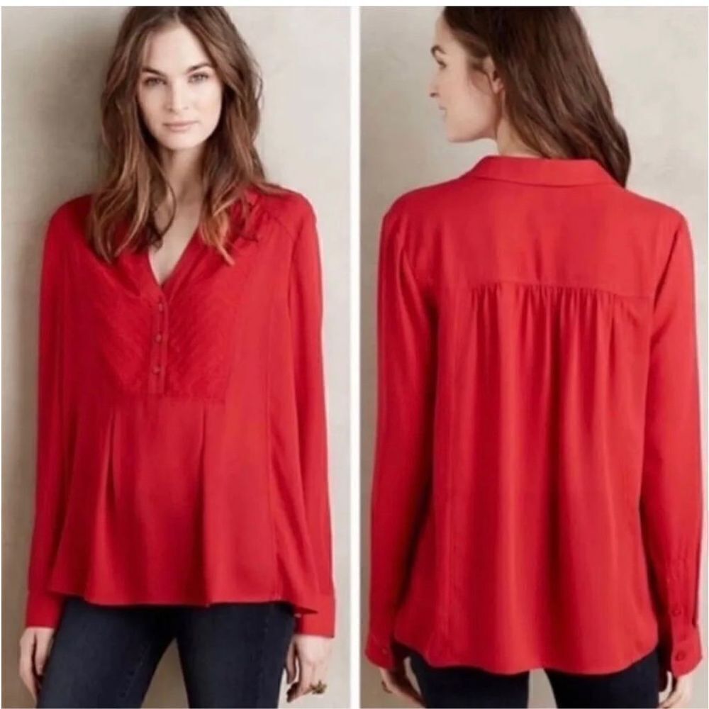 ANTHROPOLOGIE MAEVE Red Chevron Inlay Popover Top Blouse Sz. 4